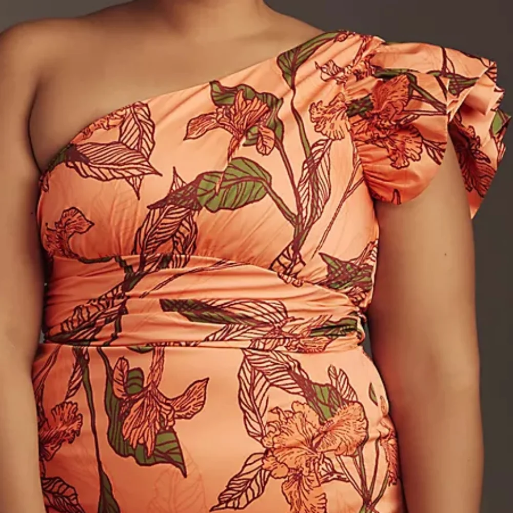 ANTHROPOLOGIE Hutch NWT Floral One-Shoulder Ruffle Maxi Dress Orange Botanical - Picture 8 of 9